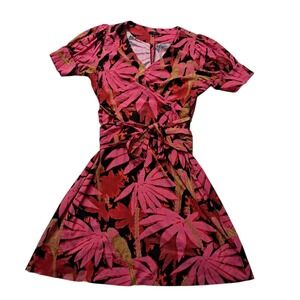 J. Crew Dress Women's 16 Pink Midi Faux Wrap Palm Print Tropical Vacation Resort